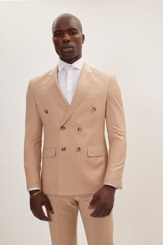 Men's Italian Super 120s Merino Wool Double-Breasted Suit - Tan | Ron Tomson