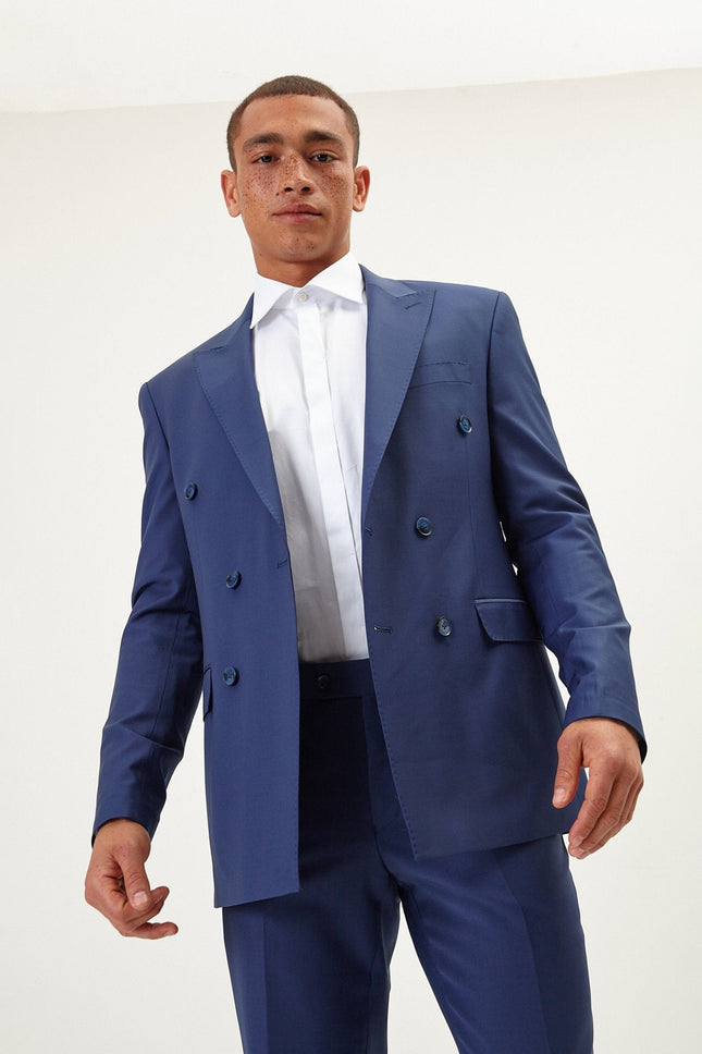 Men's Italian Super 120s Merino Wool Double-Breasted Suit - Dark Blue | Ron Tomson