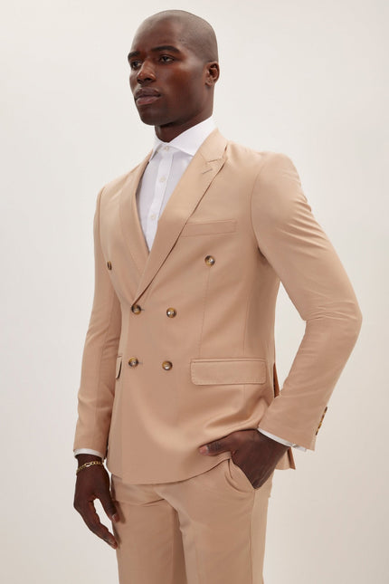 Men's Italian Super 120s Merino Wool Double-Breasted Suit - Tan | Ron Tomson