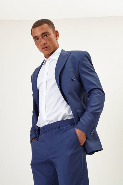 Men's Italian Super 120s Merino Wool Double-Breasted Suit - Dark Blue | Ron Tomson