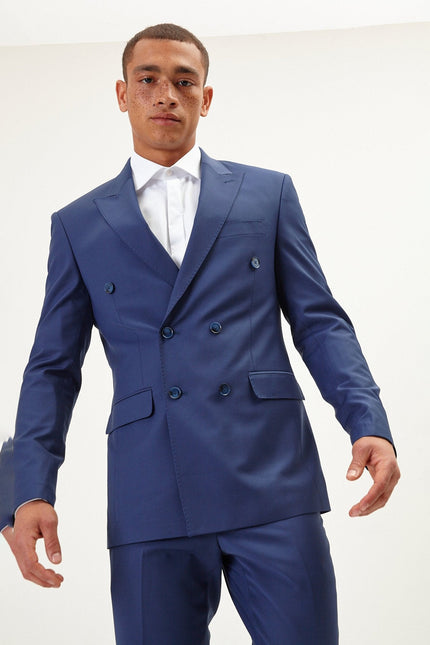 Men's Italian Super 120s Merino Wool Double-Breasted Suit - Dark Blue | Ron Tomson