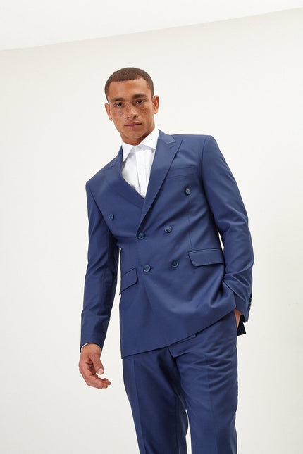 Men's Italian Super 120s Merino Wool Double-Breasted Suit - Dark Blue | Ron Tomson