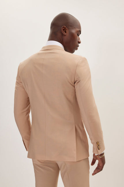 Men's Italian Super 120s Merino Wool Double-Breasted Suit - Tan | Ron Tomson