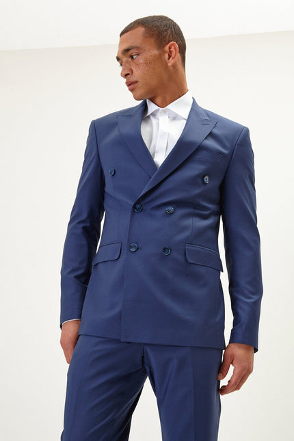Men's Italian Super 120s Merino Wool Double-Breasted Suit - Dark Blue | Ron Tomson