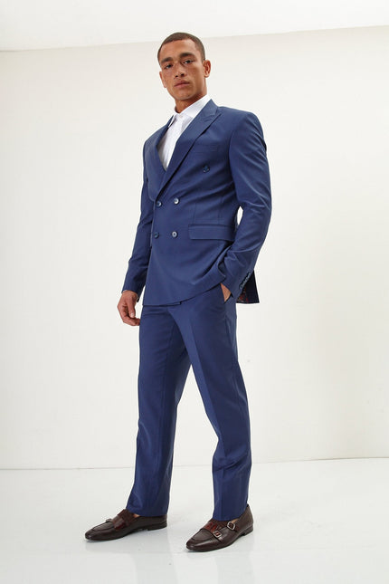 Men's Italian Super 120s Merino Wool Double-Breasted Suit - Dark Blue | Ron Tomson