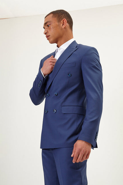 Men's Italian Super 120s Merino Wool Double-Breasted Suit - Dark Blue | Ron Tomson