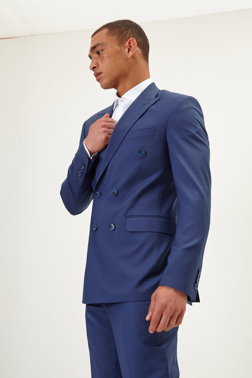 Men's Italian Super 120s Merino Wool Double-Breasted Suit - Dark Blue | Ron Tomson