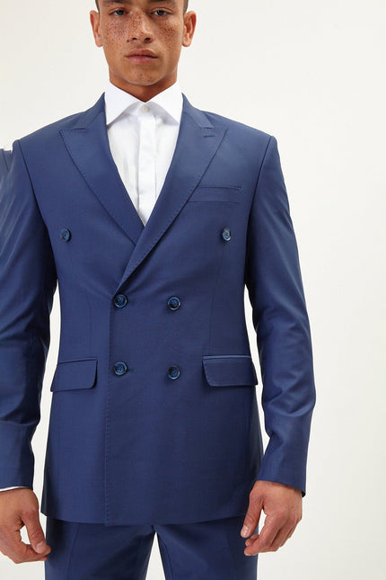 Men's Italian Super 120s Merino Wool Double-Breasted Suit - Dark Blue | Ron Tomson