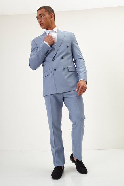 Men's Italian Super 120s Merino Wool Double-Breasted Suit - Monument Grey Ish Blue | Ron Tomson
