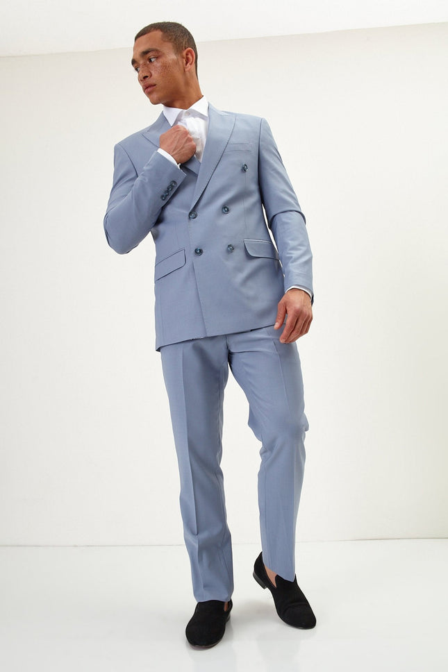 Italian Super 120s Merino Wool Double-Breasted Suit - Monument Grey Ish Blue