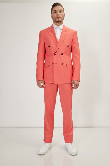 Men's Italian Super 120s Merino Wool Double-Breasted Suit - Salmon | Ron Tomson