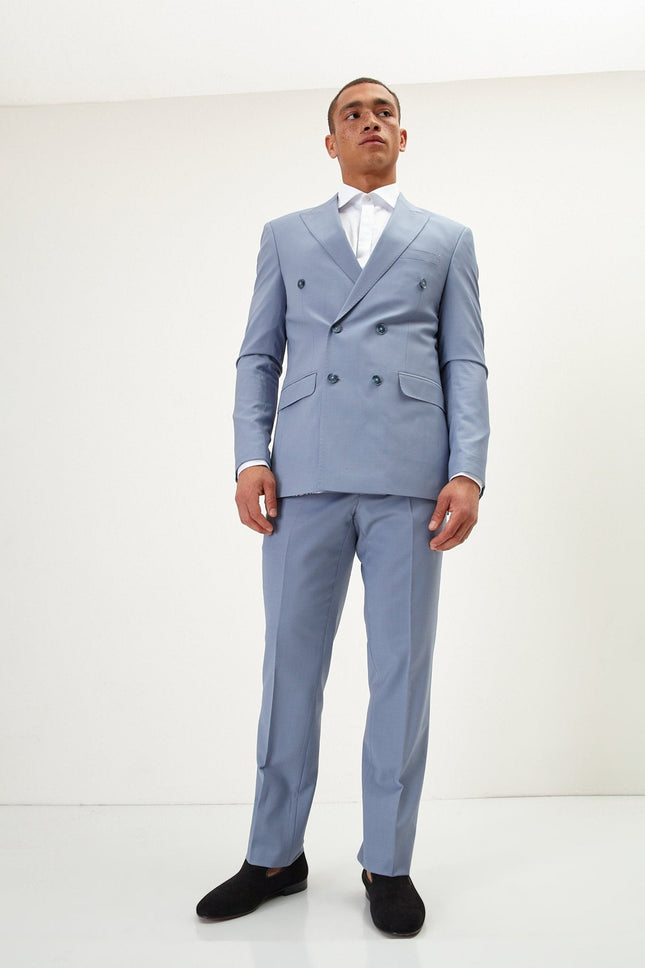 Italian Super 120s Merino Wool Double-Breasted Suit - Monument Grey Ish Blue