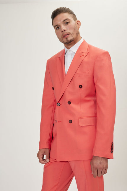 Men's Italian Super 120s Merino Wool Double-Breasted Suit - Salmon | Ron Tomson