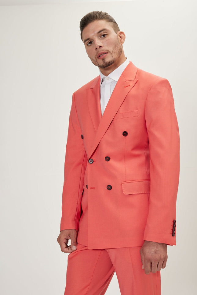Men's Italian Super 120s Merino Wool Double-Breasted Suit - Salmon | Ron Tomson
