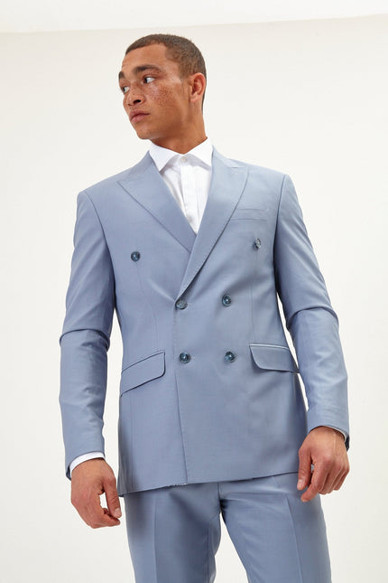 Men's Italian Super 120s Merino Wool Double-Breasted Suit - Monument Grey Ish Blue | Ron Tomson