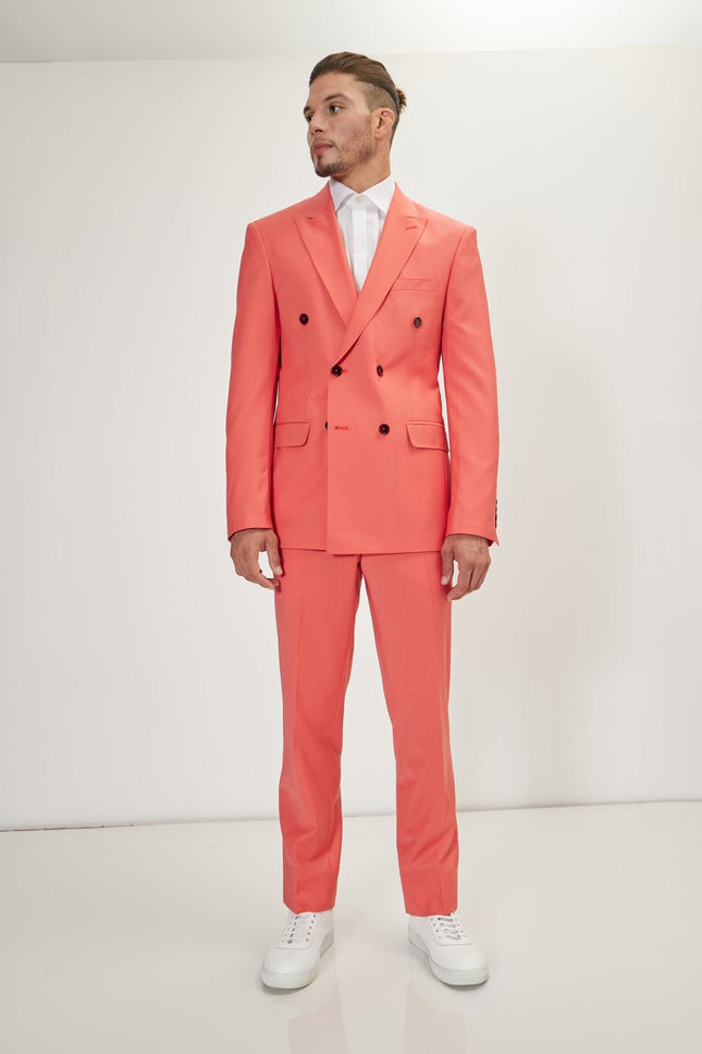 Men's Italian Super 120s Merino Wool Double-Breasted Suit - Salmon | Ron Tomson