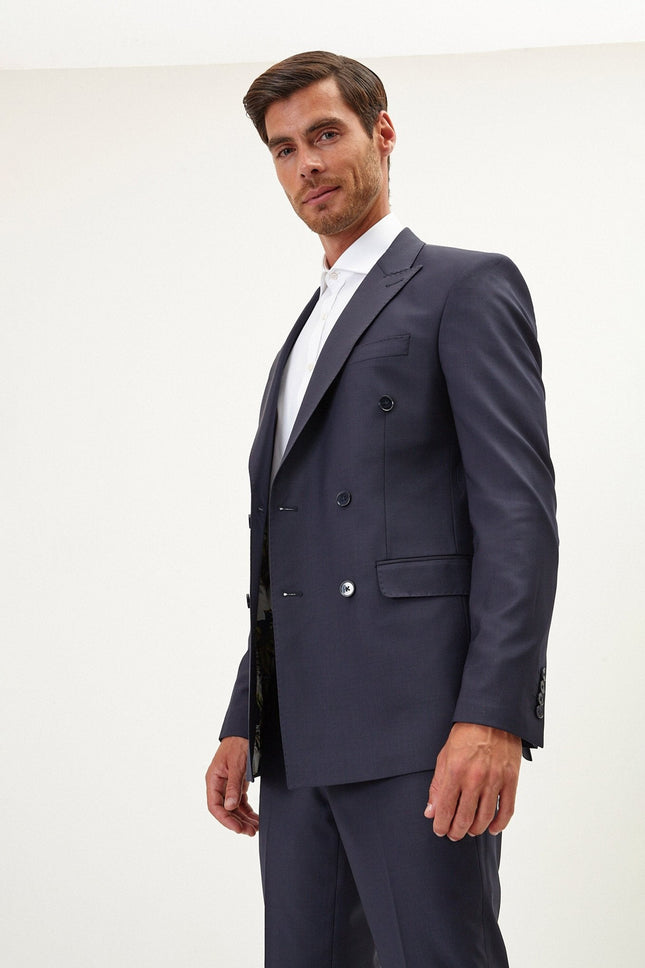 Italian Super 120s Merino Wool Double-Breasted Suit - Midnight Blue