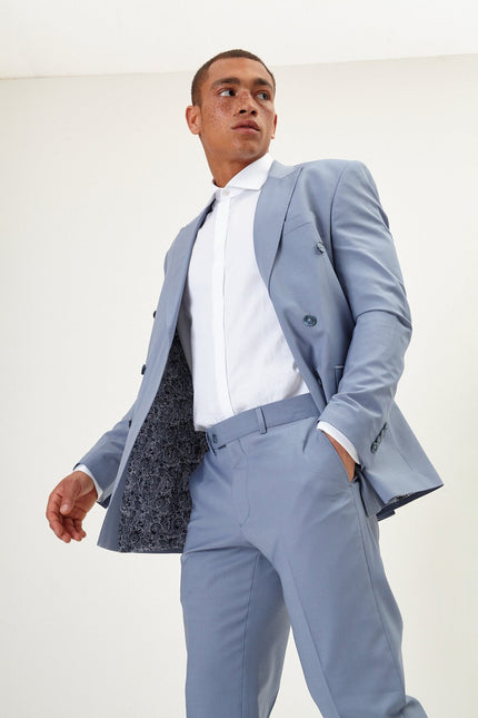 Men's Italian Super 120s Merino Wool Double-Breasted Suit - Monument Grey Ish Blue | Ron Tomson