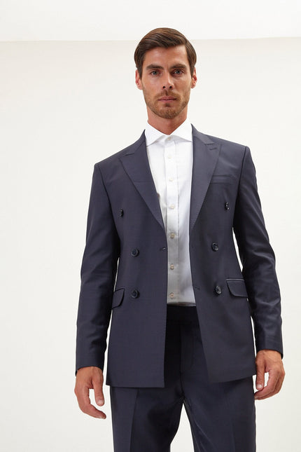 Men's Italian Super 120s Merino Wool Double-Breasted Suit - Midnight Blue | Ron Tomson