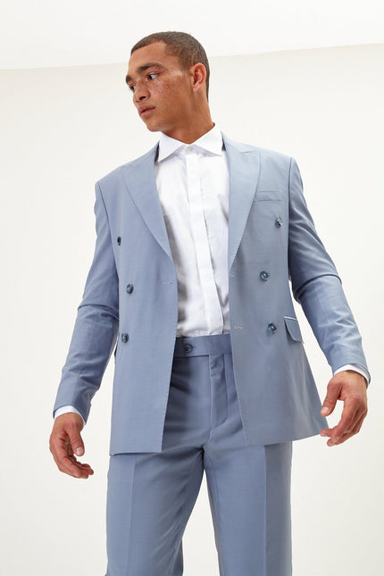 Men's Italian Super 120s Merino Wool Double-Breasted Suit - Monument Grey Ish Blue | Ron Tomson
