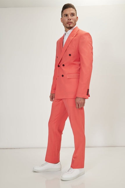Men's Italian Super 120s Merino Wool Double-Breasted Suit - Salmon | Ron Tomson