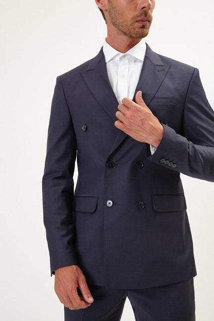 Men's Italian Super 120s Merino Wool Double-Breasted Suit - Midnight Blue | Ron Tomson