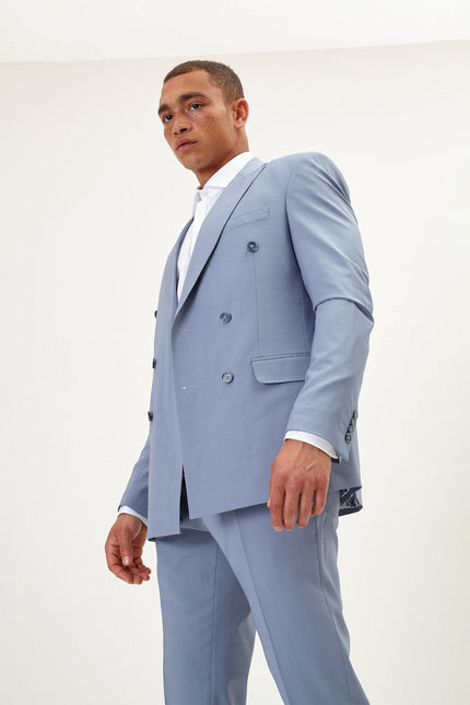 Men's Italian Super 120s Merino Wool Double-Breasted Suit - Monument Grey Ish Blue | Ron Tomson