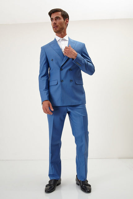 Men's Italian Super 120s Merino Wool Double-Breasted Suit - Provence Blue | Ron Tomson