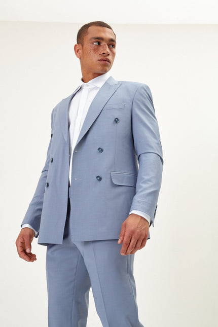 Men's Italian Super 120s Merino Wool Double-Breasted Suit - Monument Grey Ish Blue | Ron Tomson