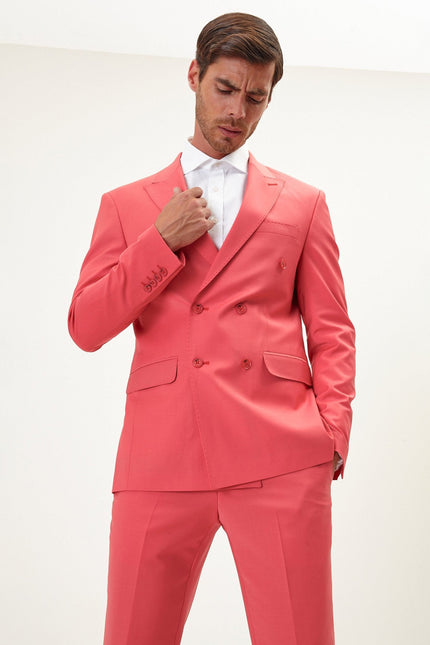 Men's Italian Super 120s Merino Wool Double-Breasted Suit - Salmon | Ron Tomson