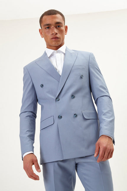 Men's Italian Super 120s Merino Wool Double-Breasted Suit - Monument Grey Ish Blue | Ron Tomson