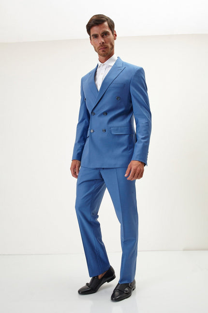 Men's Italian Super 120s Merino Wool Double-Breasted Suit - Provence Blue | Ron Tomson