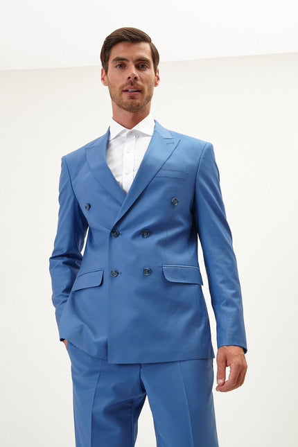 Men's Italian Super 120s Merino Wool Double-Breasted Suit - Provence Blue | Ron Tomson
