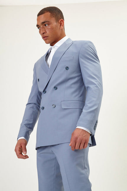 Men's Italian Super 120s Merino Wool Double-Breasted Suit - Monument Grey Ish Blue | Ron Tomson
