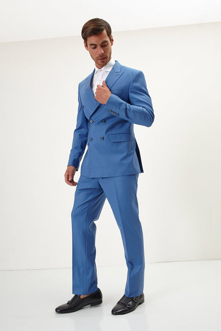 Men's Italian Super 120s Merino Wool Double-Breasted Suit - Provence Blue | Ron Tomson