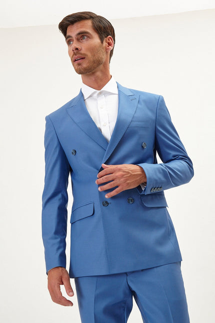 Men's Italian Super 120s Merino Wool Double-Breasted Suit - Provence Blue | Ron Tomson