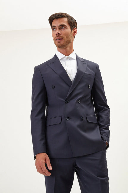 Men's Italian Super 120s Merino Wool Double-Breasted Suit - Midnight Blue | Ron Tomson