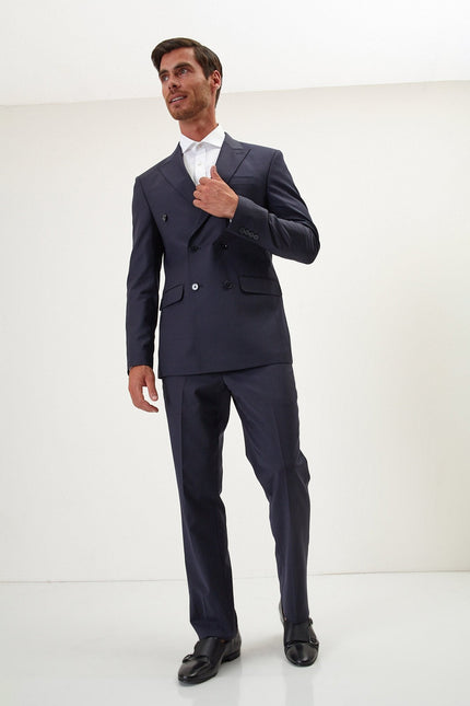 Men's Italian Super 120s Merino Wool Double-Breasted Suit - Midnight Blue | Ron Tomson