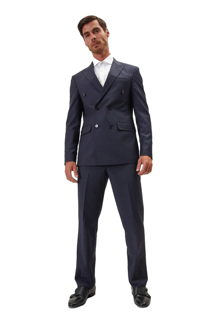 Men's Italian Super 120s Merino Wool Double-Breasted Suit - Midnight Blue | Ron Tomson
