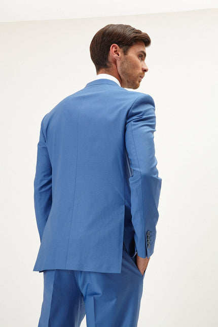 Men's Italian Super 120s Merino Wool Double-Breasted Suit - Provence Blue | Ron Tomson