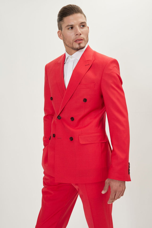 Men's Italian Super 120s Merino Wool Double-Breasted Suit - Valentine Red | Ron Tomson
