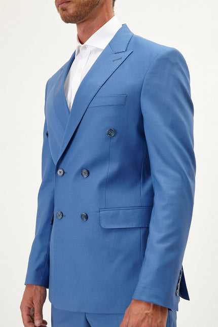 Men's Italian Super 120s Merino Wool Double-Breasted Suit - Provence Blue | Ron Tomson