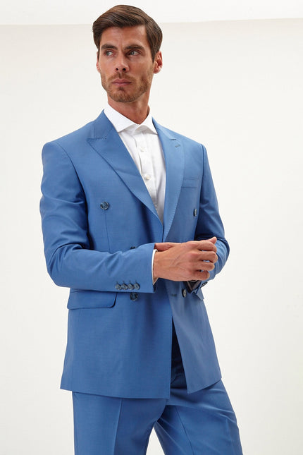 Men's Italian Super 120s Merino Wool Double-Breasted Suit - Provence Blue | Ron Tomson