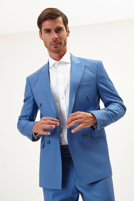 Men's Italian Super 120s Merino Wool Double-Breasted Suit - Provence Blue | Ron Tomson