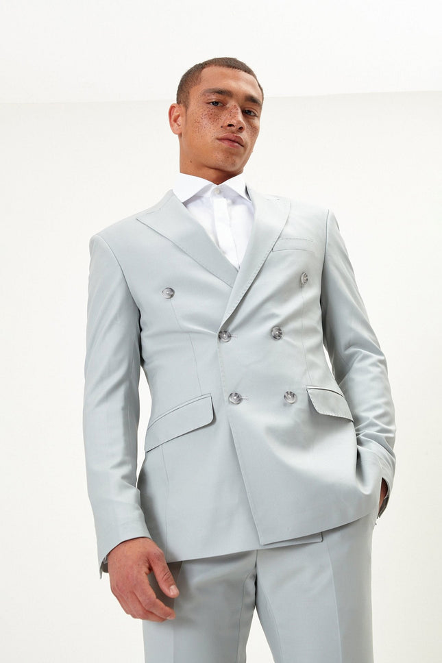 Italian Super 120s Merino Wool Double-Breasted Suit - Sage Tint Grey