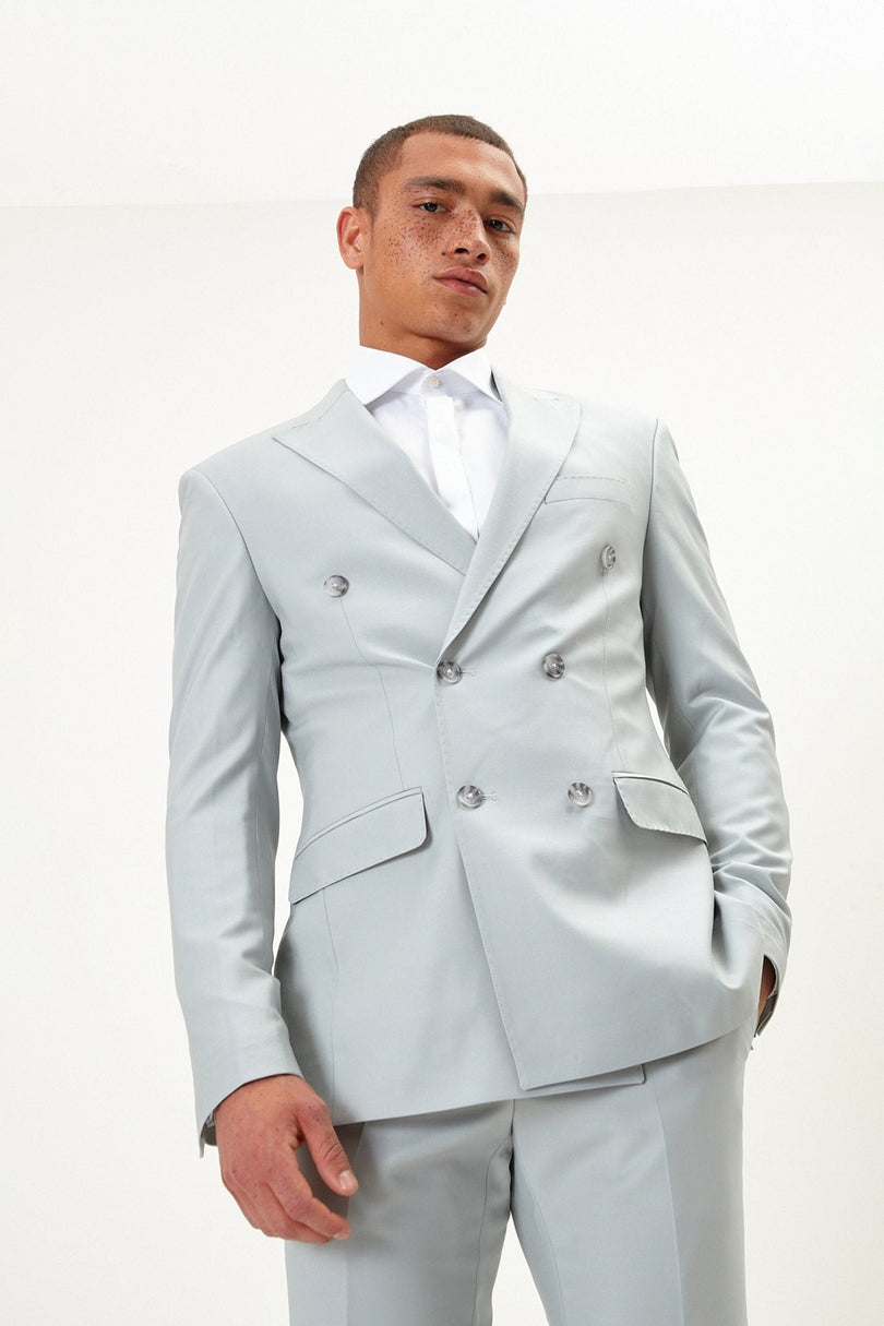 Men's Italian Super 120s Merino Wool Double-Breasted Suit - Sage Tint Grey | Ron Tomson