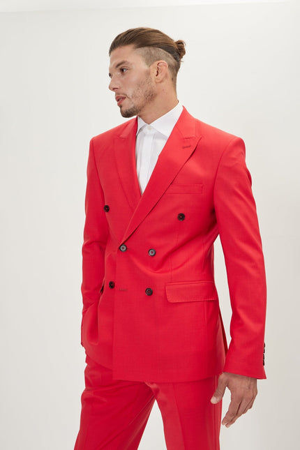 Men's Italian Super 120s Merino Wool Double-Breasted Suit - Valentine Red | Ron Tomson