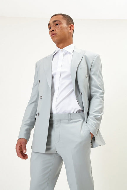 Men's Italian Super 120s Merino Wool Double-Breasted Suit - Sage Tint Grey | Ron Tomson
