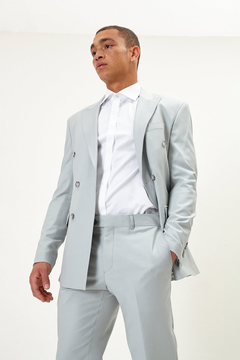 Men's Italian Super 120s Merino Wool Double-Breasted Suit - Sage Tint Grey | Ron Tomson