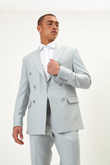 Men's Italian Super 120s Merino Wool Double-Breasted Suit - Sage Tint Grey | Ron Tomson